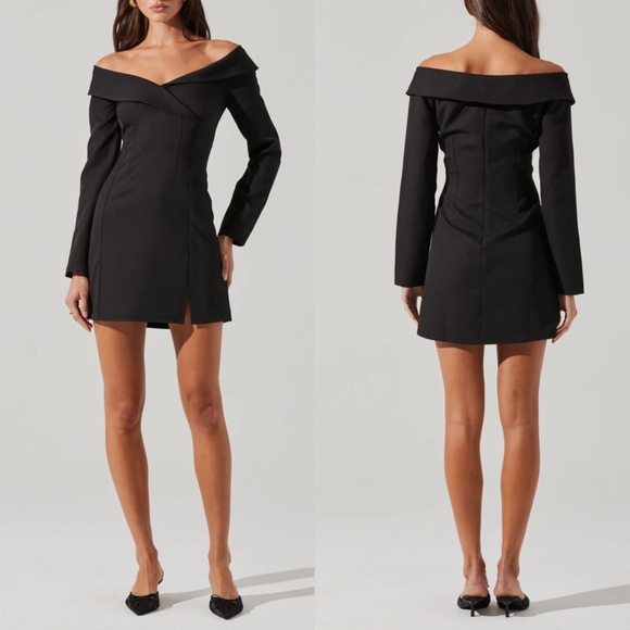 NEW ASTR Label BLACK Off The Shoulder TUXEDO COLLAR Long Sleeve COCKTAIL DRESS S - Picture 2 of 11